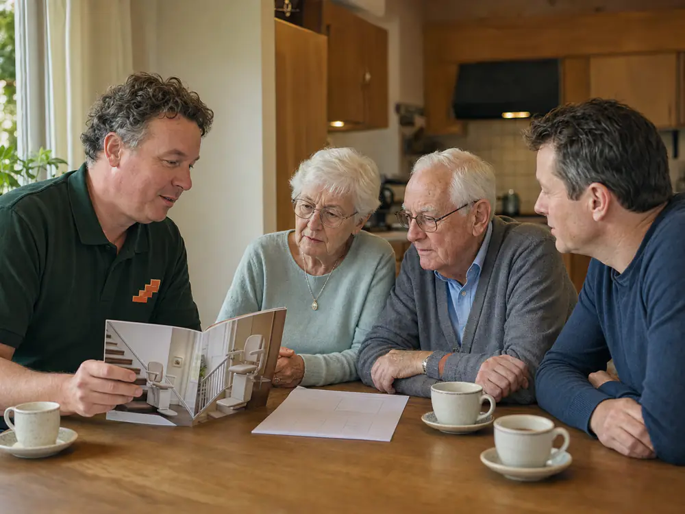 Adviseur bespreekt de mogelijkheden met een ouder echtpaar en hun zoon